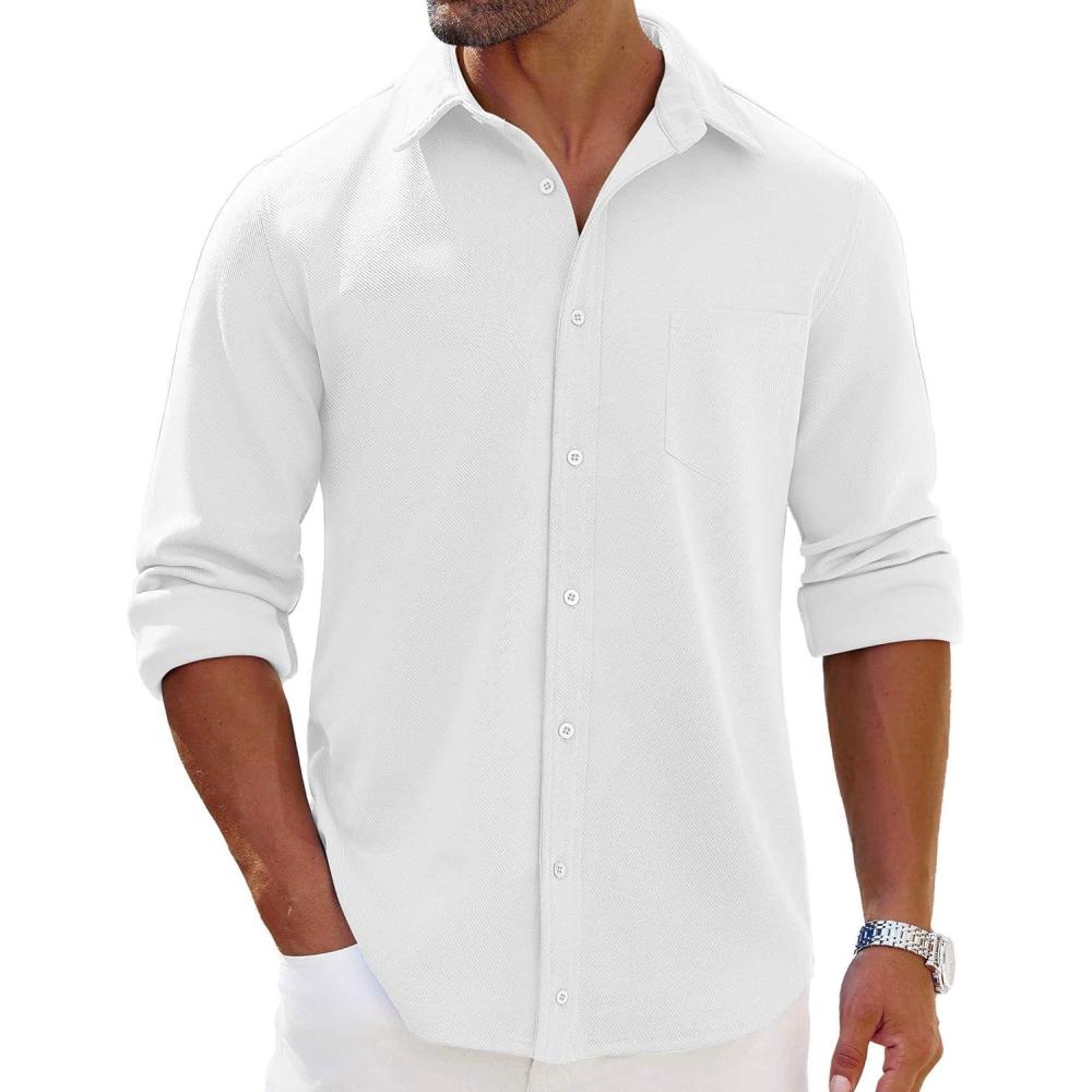 imageCOOFANDY Mens Long Sleeve Button Down Shirts Wrinkle Free Shacket Jacket Stretch Casual OvershirtWhite