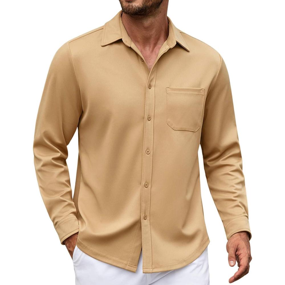 imageCOOFANDY Mens Long Sleeve Casual Button Down Shirt Wrinkle Free Untucked Dress ShirtsKhaki