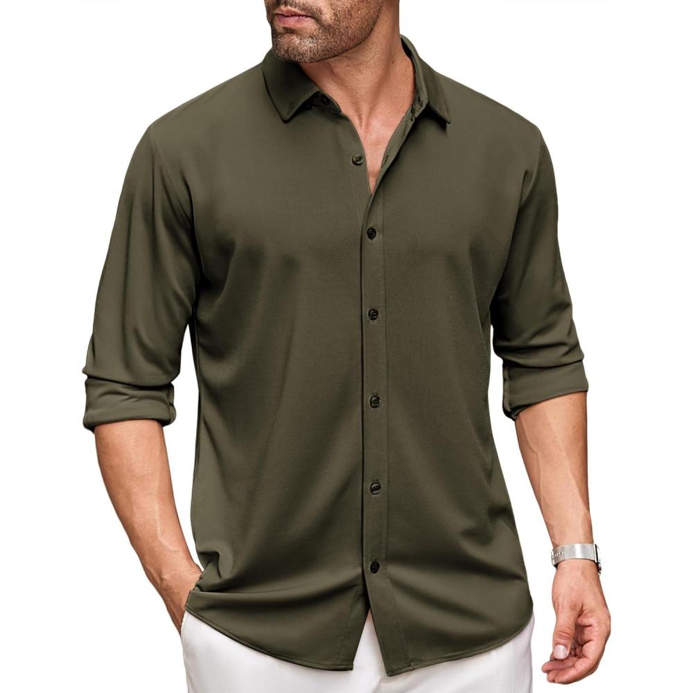 imageCOOFANDY Mens Long Sleeve Dress Shirt Casual Button Down Shirts Wrinkle Free Untucked ShirtArmy Green