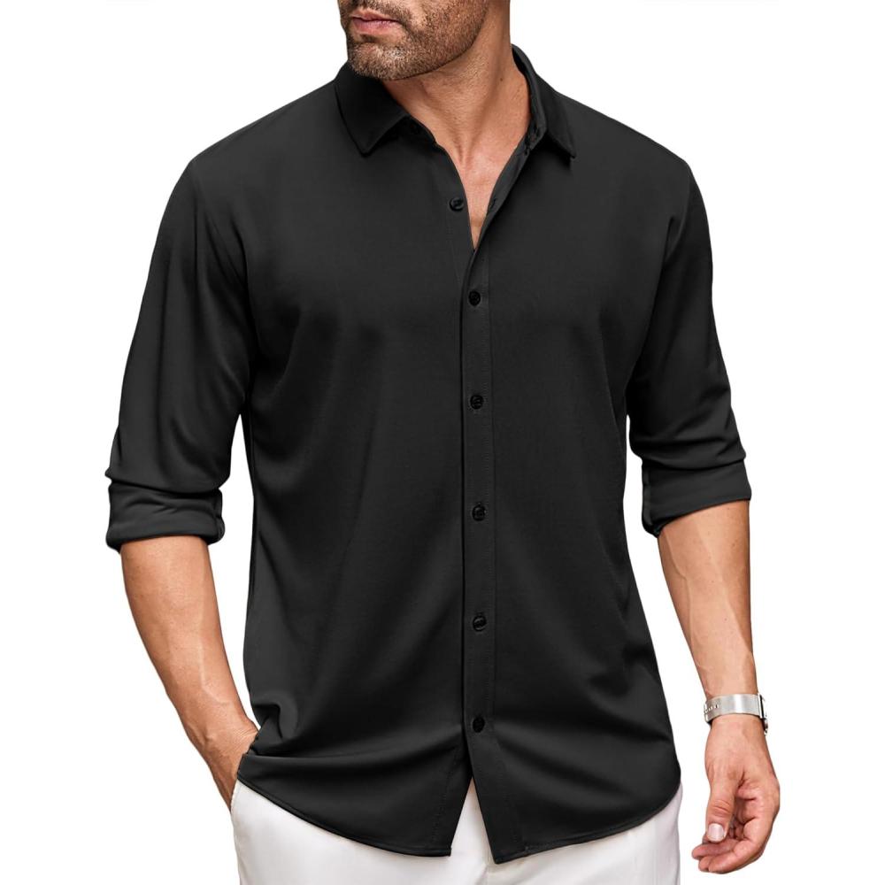imageCOOFANDY Mens Long Sleeve Dress Shirt Casual Button Down Shirts Wrinkle Free Untucked ShirtBlack
