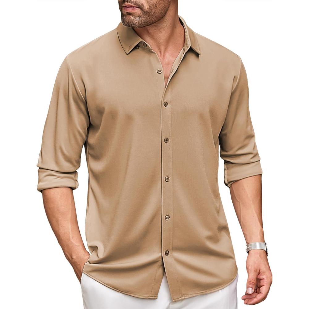 imageCOOFANDY Mens Long Sleeve Dress Shirt Casual Button Down Shirts Wrinkle Free Untucked ShirtCamel