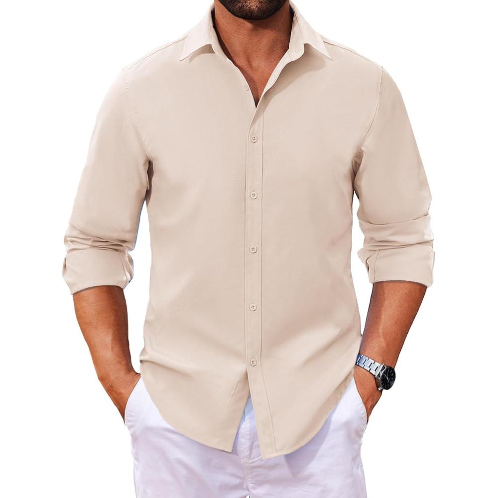 imageCOOFANDY Mens Long Sleeve Dress Shirt Casual Button Down Shirts Wrinkle Free Untucked ShirtKhaki