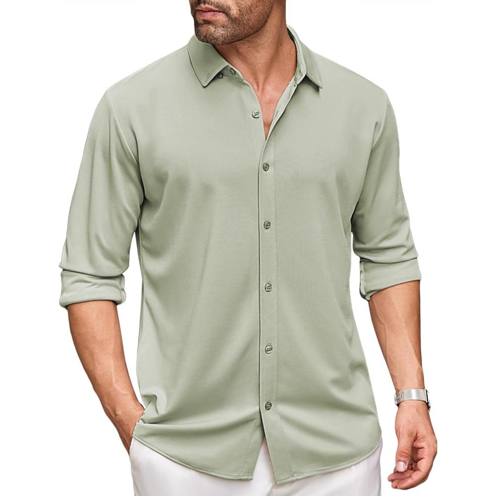 imageCOOFANDY Mens Long Sleeve Dress Shirt Casual Button Down Shirts Wrinkle Free Untucked ShirtLight Green
