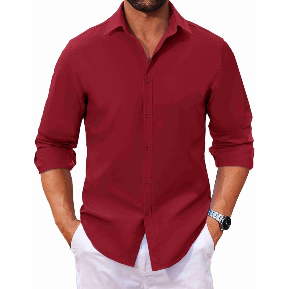 imageCOOFANDY Mens Long Sleeve Dress Shirt Casual Button Down Shirts Wrinkle Free Untucked ShirtWine Red