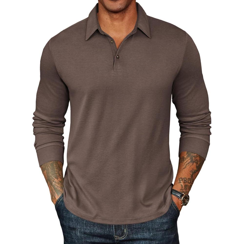 imageCOOFANDY Mens Long Sleeve Polo Shirts Classic Casual Button Polo Tee Lightweight Collared Golf ShirtBrown