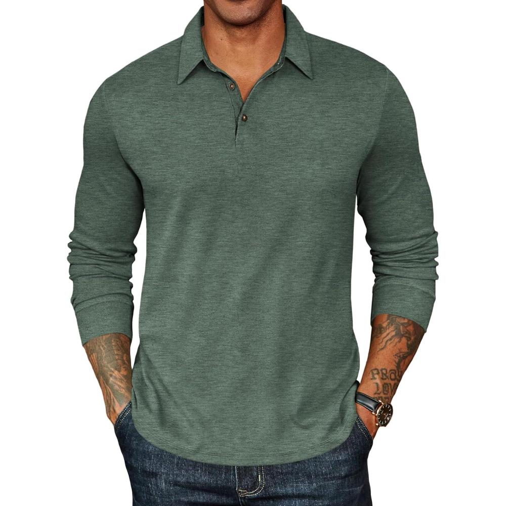 imageCOOFANDY Mens Long Sleeve Polo Shirts Classic Casual Button Polo Tee Lightweight Collared Golf ShirtDark Army Green
