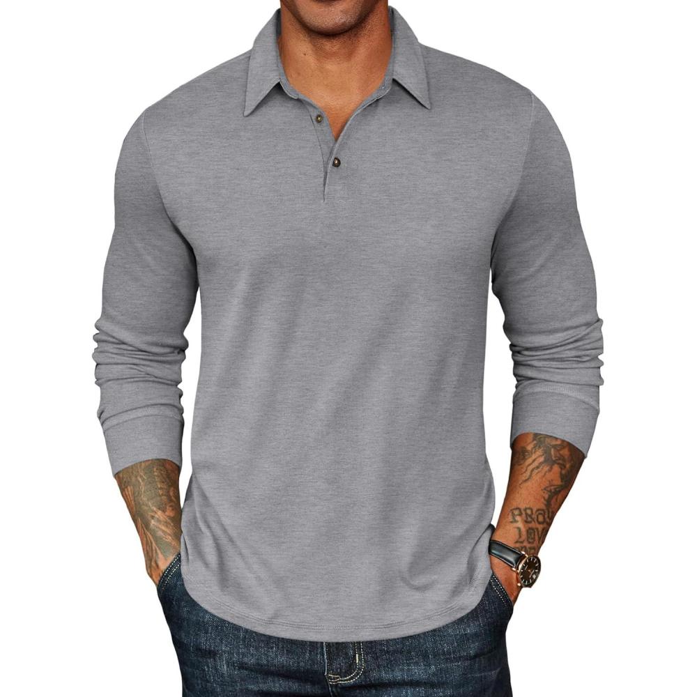 imageCOOFANDY Mens Long Sleeve Polo Shirts Classic Casual Button Polo Tee Lightweight Collared Golf ShirtGrey
