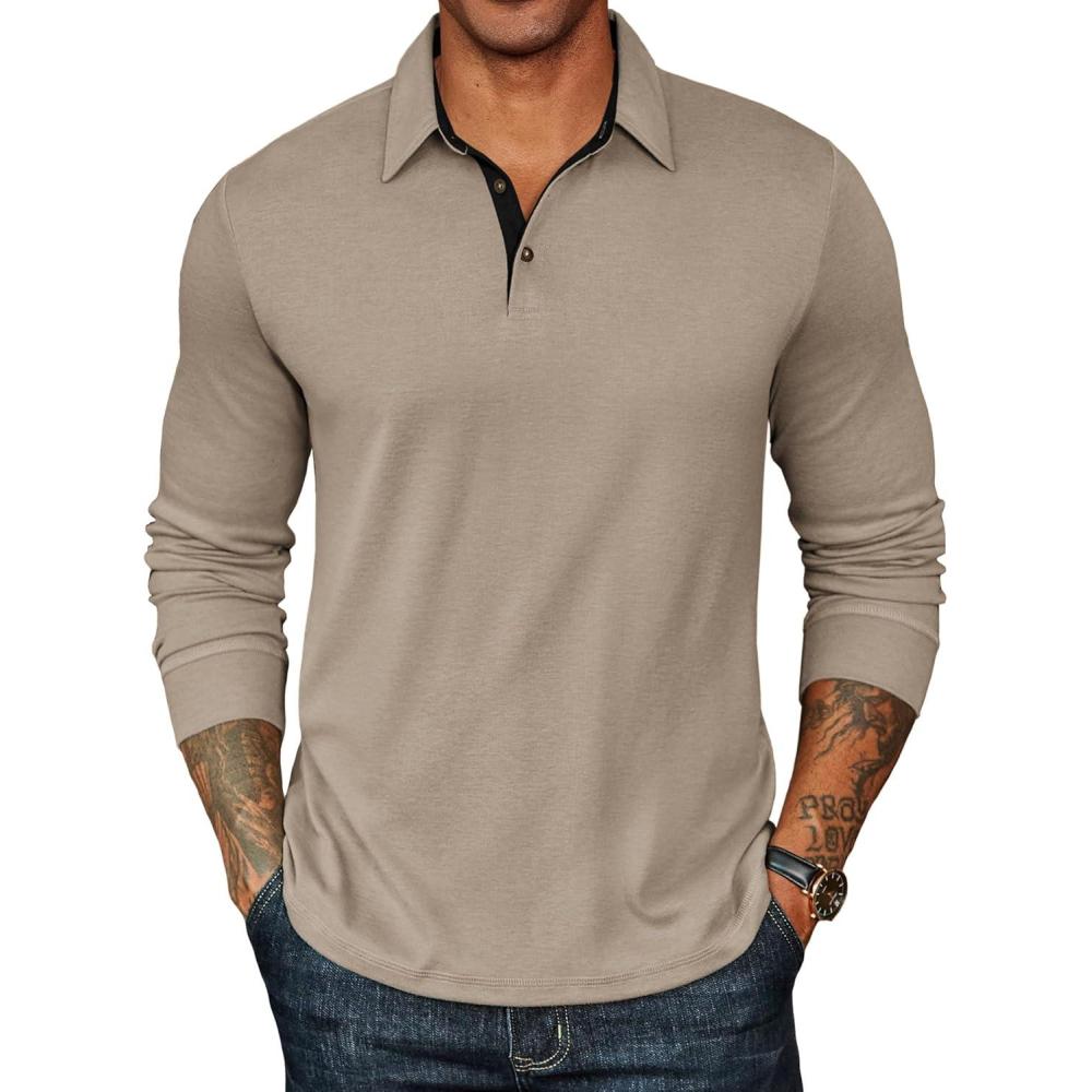 imageCOOFANDY Mens Long Sleeve Polo Shirts Classic Casual Button Polo Tee Lightweight Collared Golf ShirtKhaki