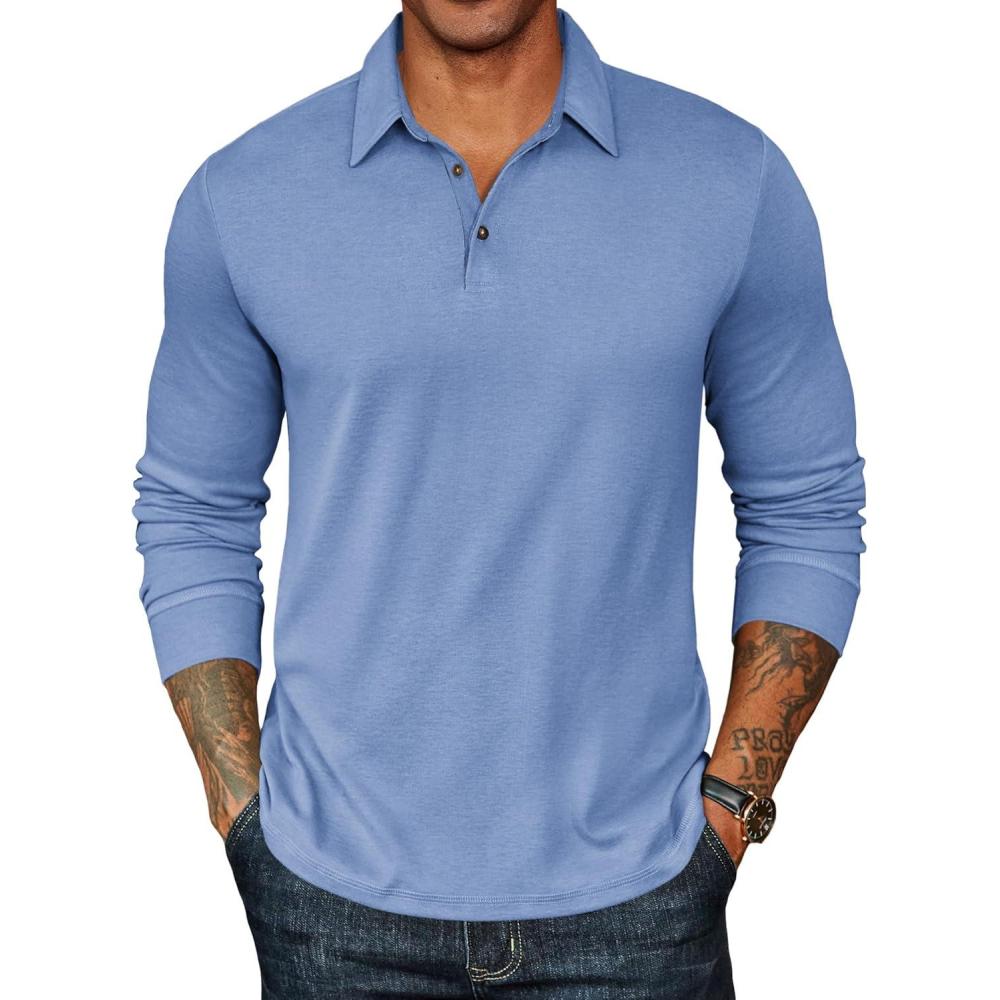 imageCOOFANDY Mens Long Sleeve Polo Shirts Classic Casual Button Polo Tee Lightweight Collared Golf ShirtLight Blue