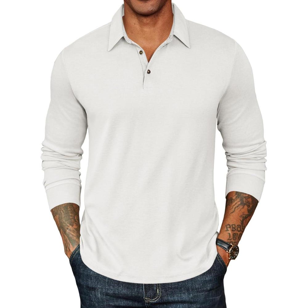 imageCOOFANDY Mens Long Sleeve Polo Shirts Classic Casual Button Polo Tee Lightweight Collared Golf ShirtWhite