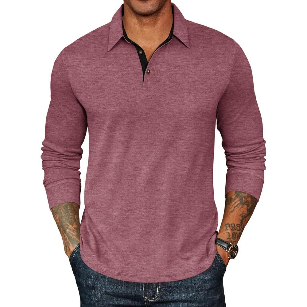 imageCOOFANDY Mens Long Sleeve Polo Shirts Classic Casual Button Polo Tee Lightweight Collared Golf ShirtWine Red