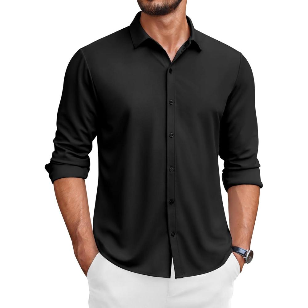 imageCOOFANDY Mens Long Sleeve Wrinkle Free Shirts Button Down Casual Stretch Dress ShirtBlack