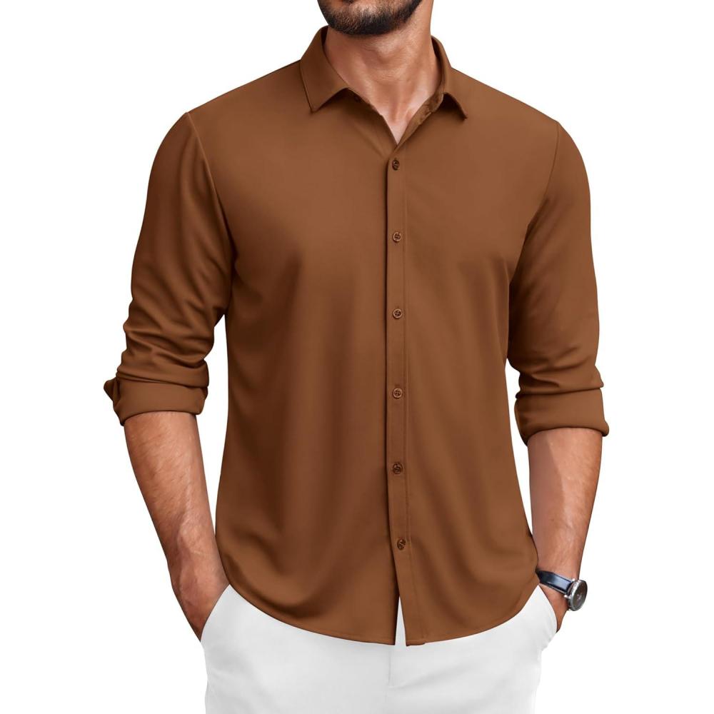 imageCOOFANDY Mens Long Sleeve Wrinkle Free Shirts Button Down Casual Stretch Dress ShirtBrown
