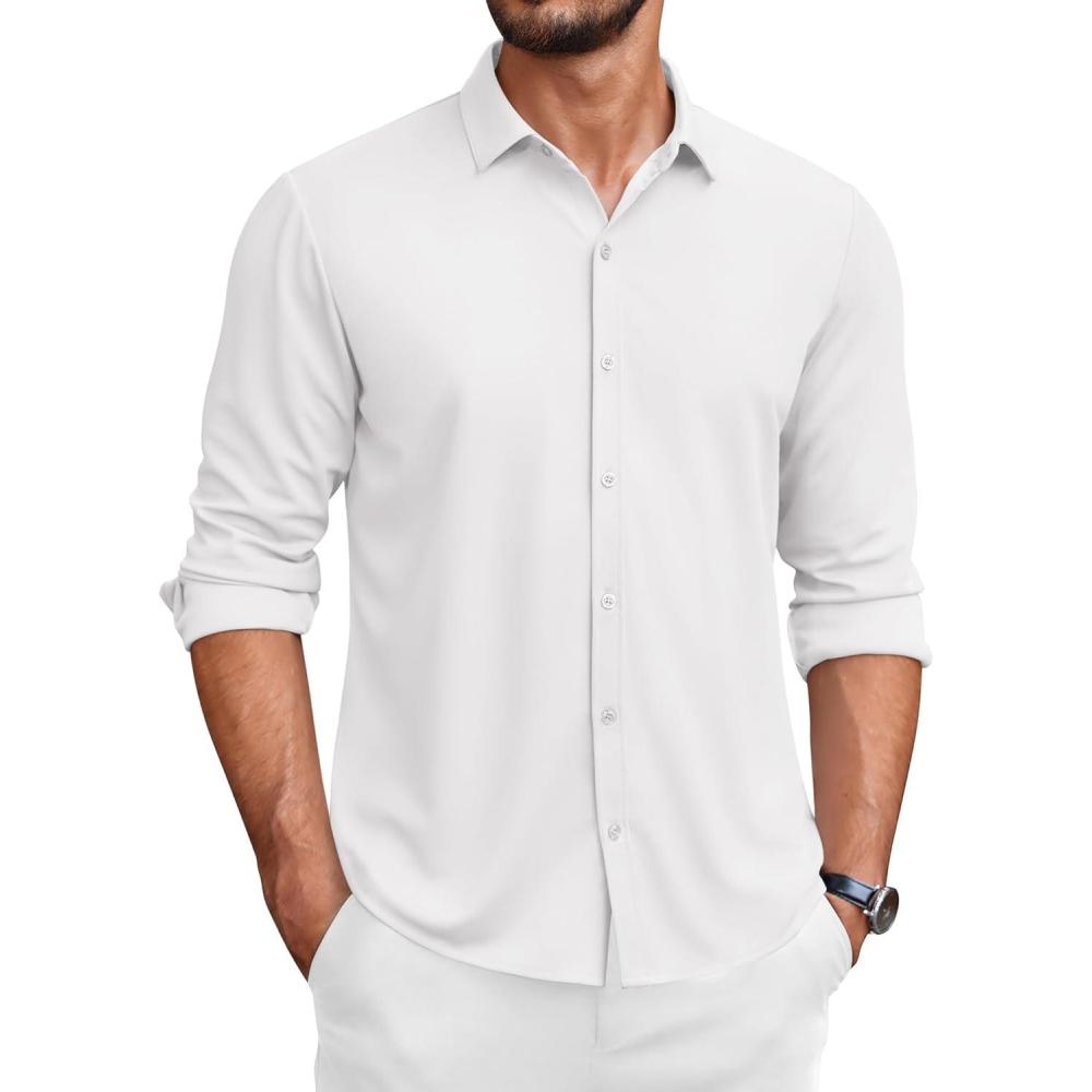 imageCOOFANDY Mens Long Sleeve Wrinkle Free Shirts Button Down Casual Stretch Dress ShirtWhite