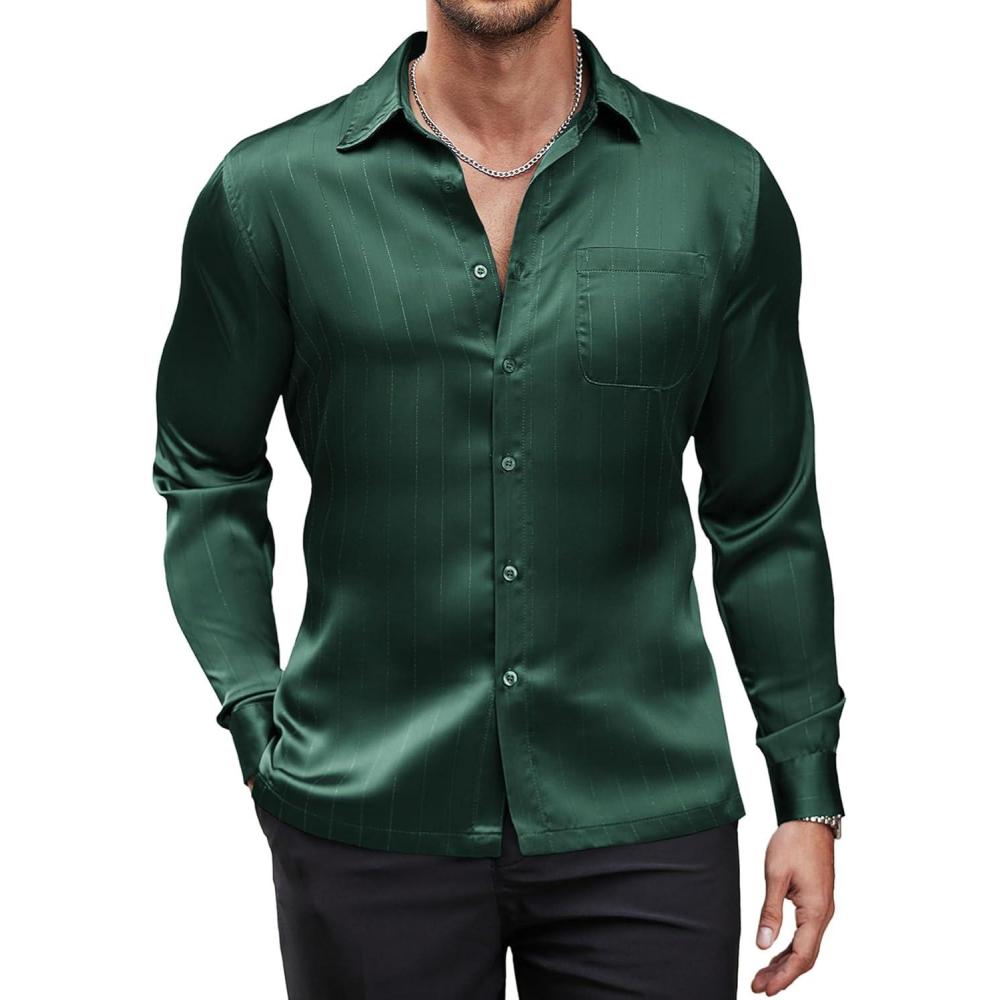 imageCOOFANDY Mens Luxury Satin Dress Shirt Shiny Silk Long Sleeve Button Up Shirts Wedding Shirt Party PromArmy Green