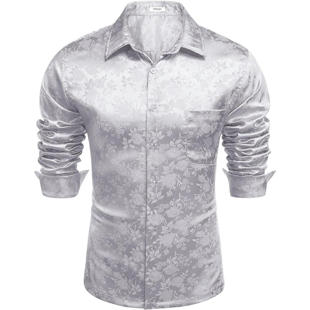imageCOOFANDY Mens Luxury Satin Dress Shirt Shiny Silk Long Sleeve Button Up Shirts Wedding Shirt Party PromForal  Silver