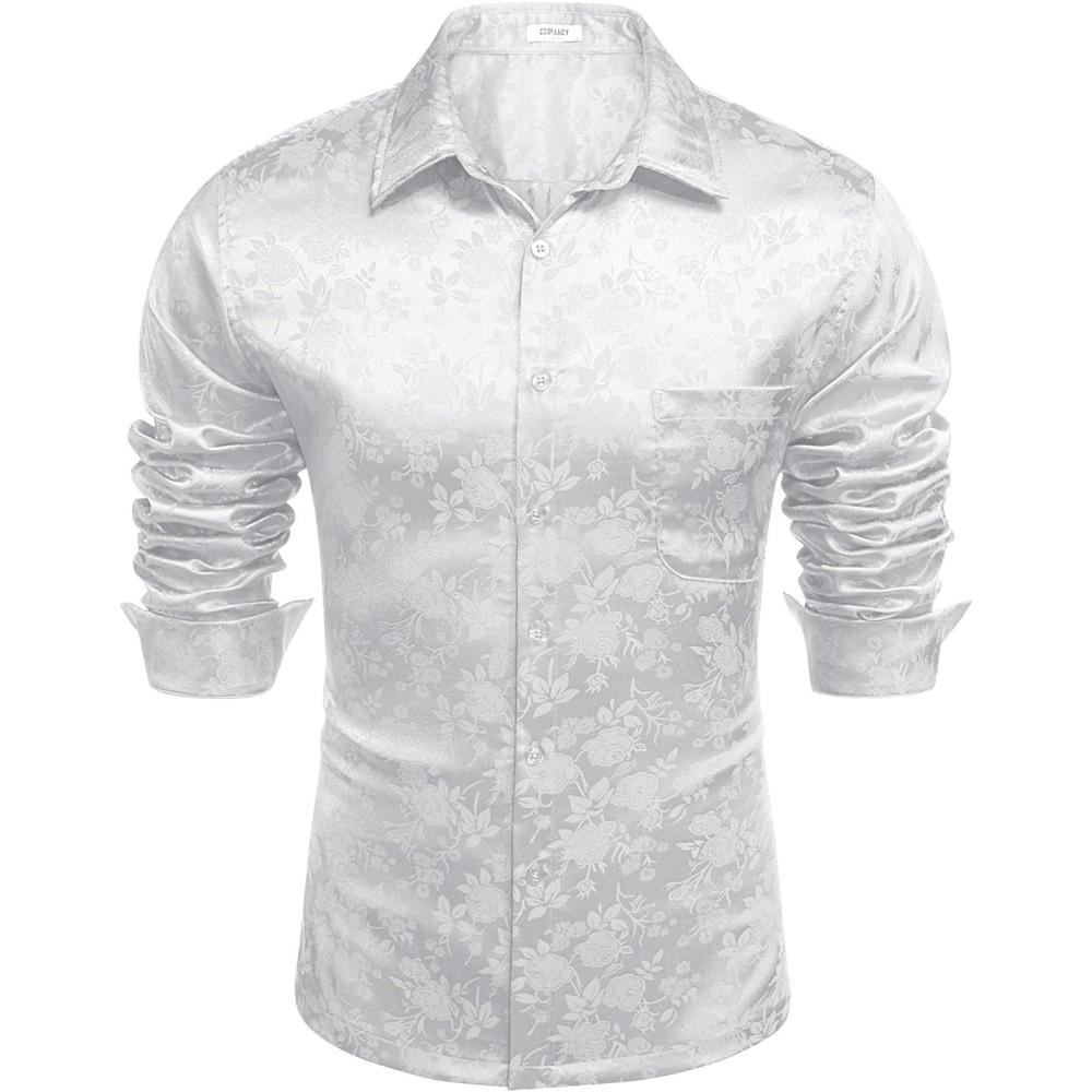 imageCOOFANDY Mens Luxury Satin Dress Shirt Shiny Silk Long Sleeve Button Up Shirts Wedding Shirt Party PromForal  White