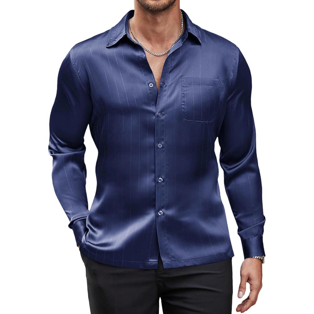 imageCOOFANDY Mens Luxury Satin Dress Shirt Shiny Silk Long Sleeve Button Up Shirts Wedding Shirt Party PromNavy Blue