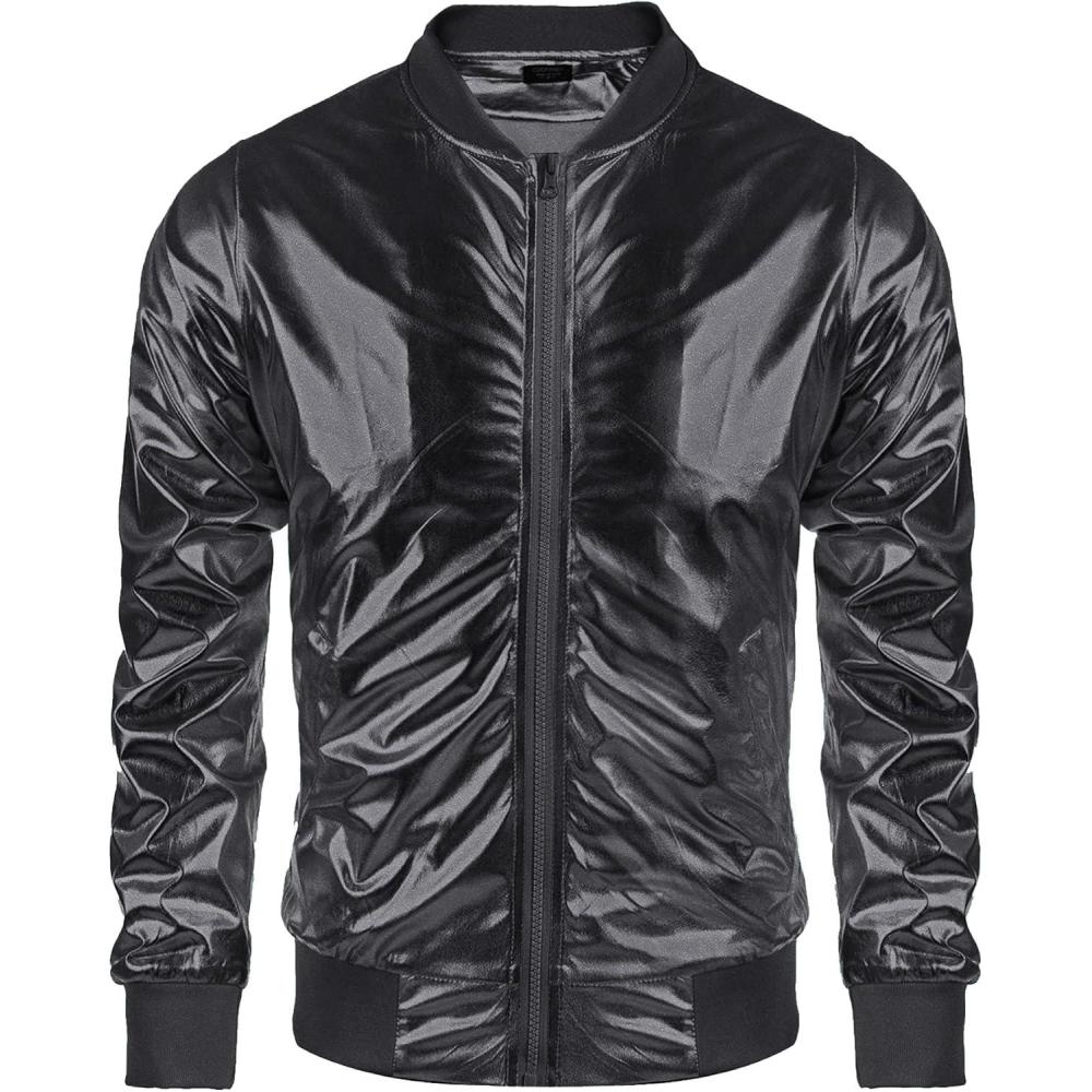 imageCOOFANDY Mens Metallic Jacket 70s Disco Dance Party Costume Shiny Varsity Zipper Baseball Bomber JacketBlack