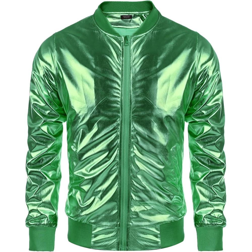 imageCOOFANDY Mens Metallic Jacket 70s Disco Dance Party Costume Shiny Varsity Zipper Baseball Bomber JacketGreen