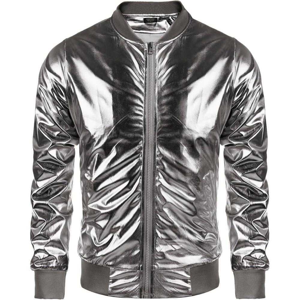 imageCOOFANDY Mens Metallic Jacket 70s Disco Dance Party Costume Shiny Varsity Zipper Baseball Bomber JacketLuxurious Grey