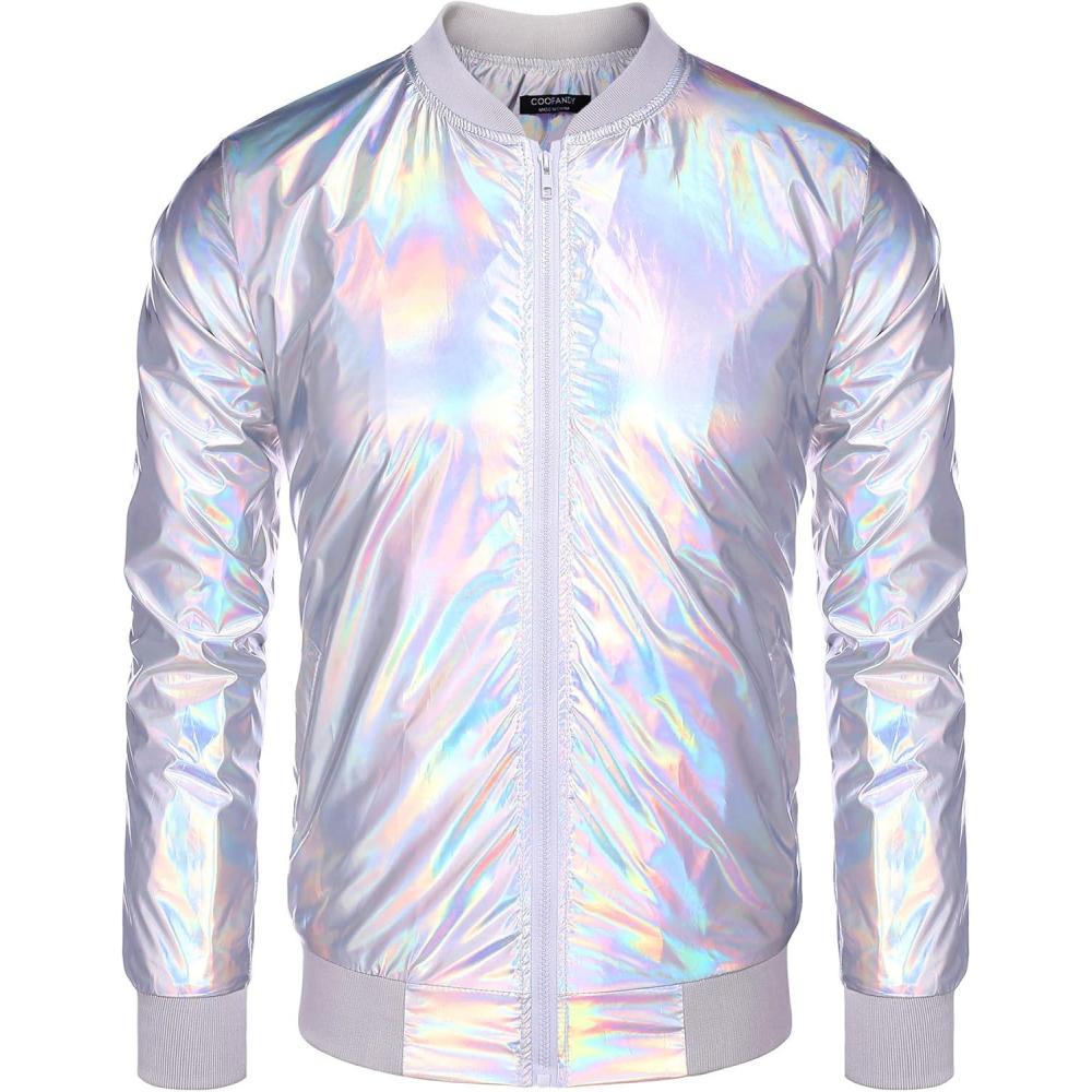 imageCOOFANDY Mens Metallic Jacket 70s Disco Dance Party Costume Shiny Varsity Zipper Baseball Bomber JacketMulticolored