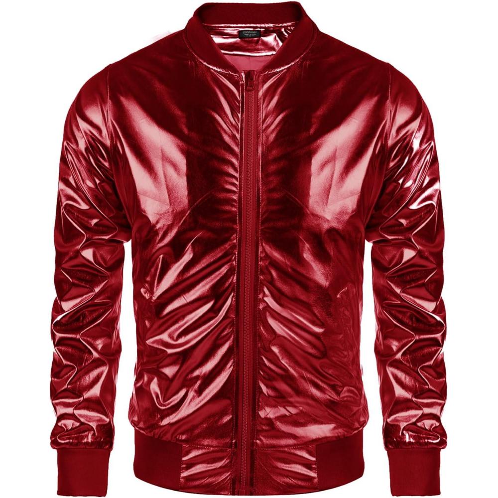 imageCOOFANDY Mens Metallic Jacket 70s Disco Dance Party Costume Shiny Varsity Zipper Baseball Bomber JacketRed