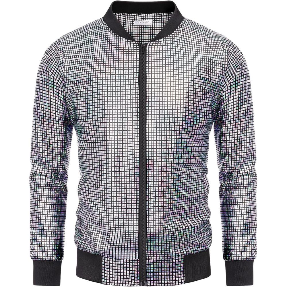 imageCOOFANDY Mens Metallic Jacket 70s Disco Dance Party Costume Shiny Varsity Zipper Baseball Bomber JacketSequined Laser Silver