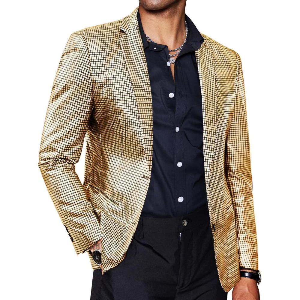 imageCOOFANDY Mens Metallic Jacket Regular Fit Blazer Casual 70s Disco Party Sport Coat02gold