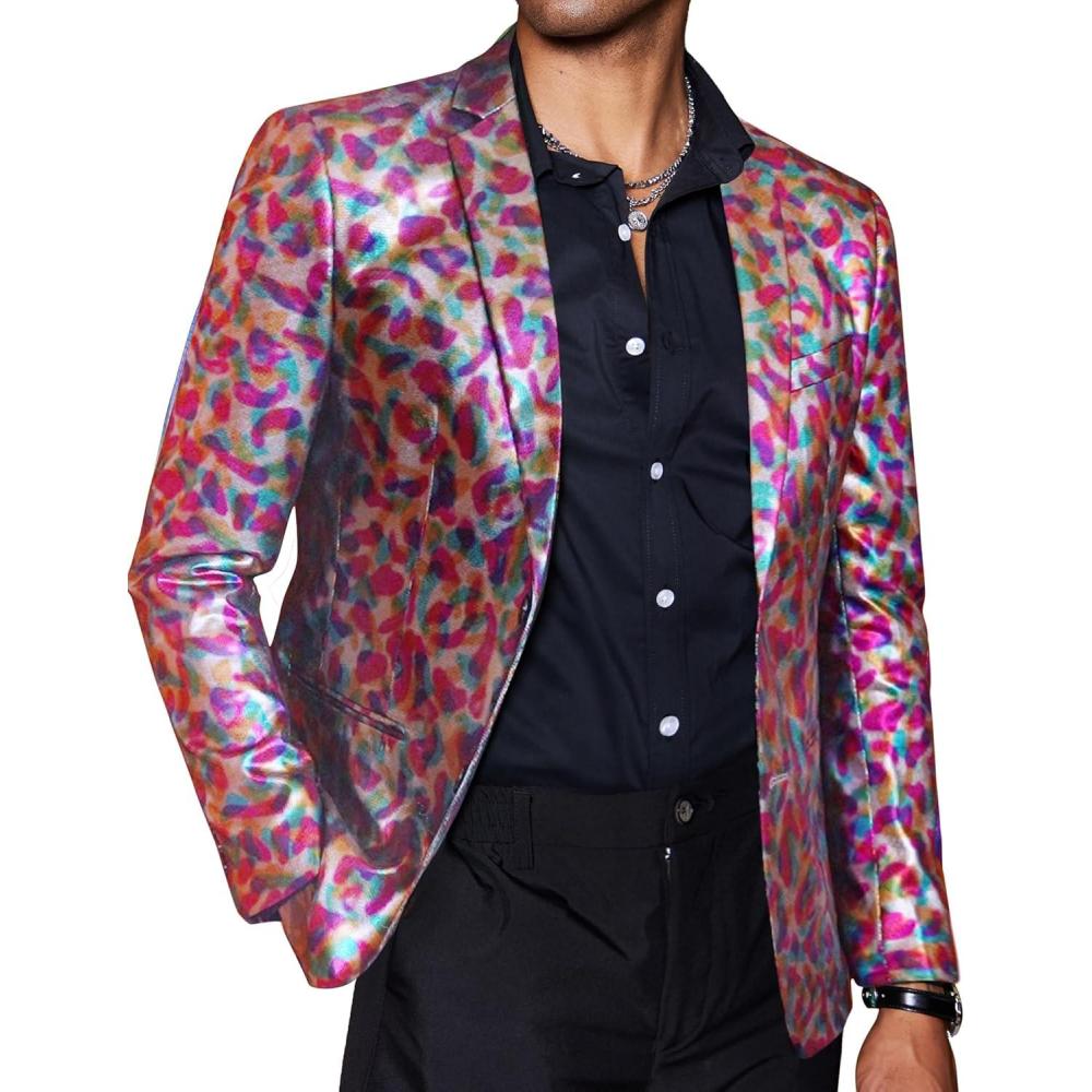 imageCOOFANDY Mens Metallic Jacket Regular Fit Blazer Casual 70s Disco Party Sport Coat03colored Leaf