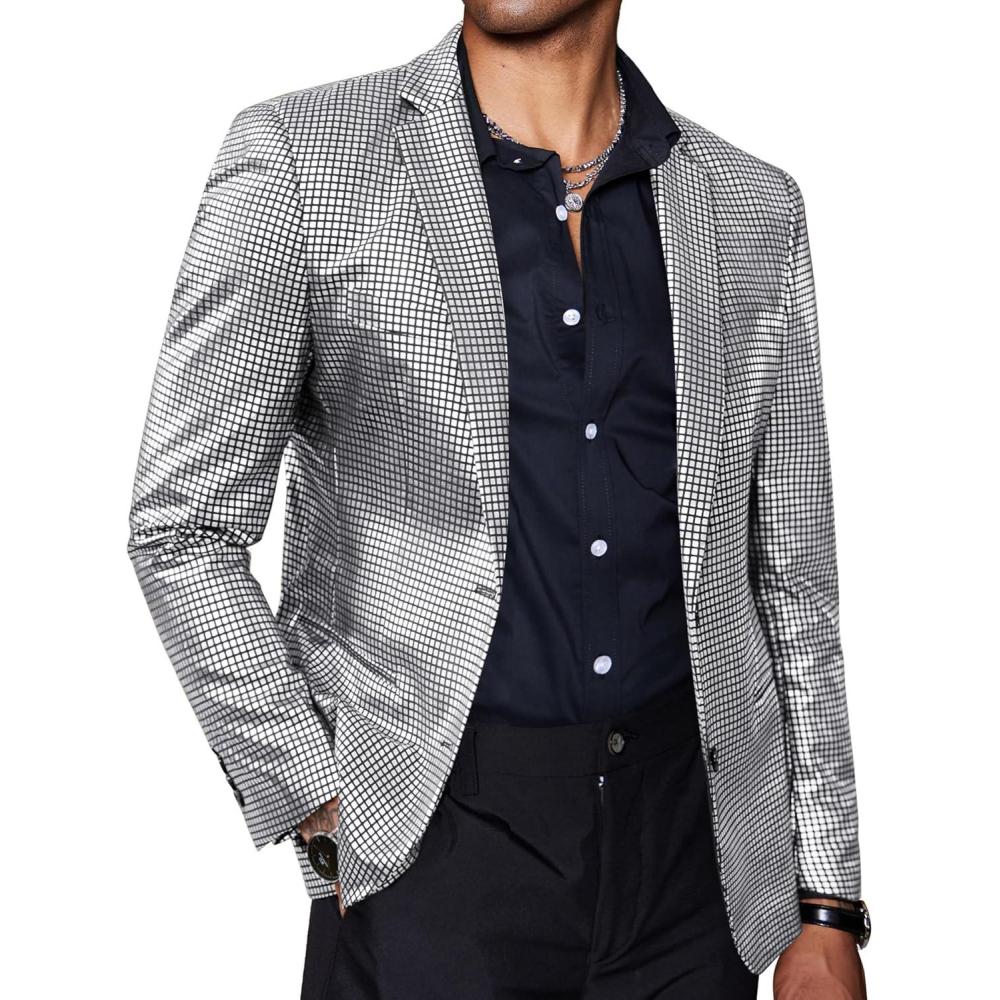 imageCOOFANDY Mens Metallic Jacket Regular Fit Blazer Casual 70s Disco Party Sport Coat04silver