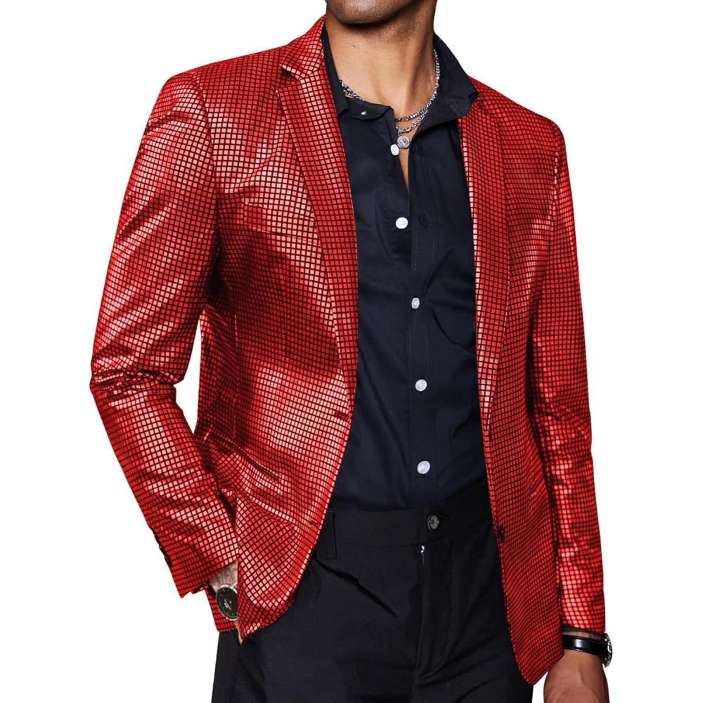 imageCOOFANDY Mens Metallic Jacket Regular Fit Blazer Casual 70s Disco Party Sport Coat05red