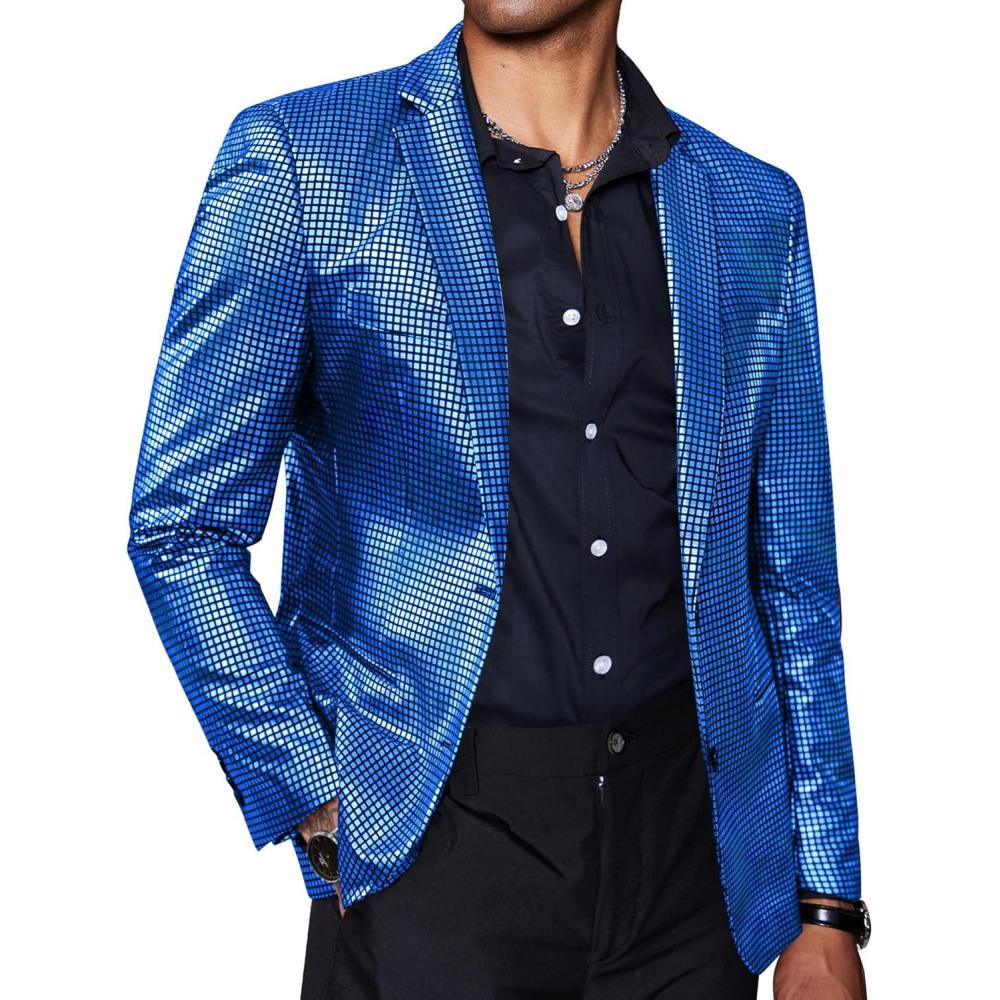 imageCOOFANDY Mens Metallic Jacket Regular Fit Blazer Casual 70s Disco Party Sport CoatBlue