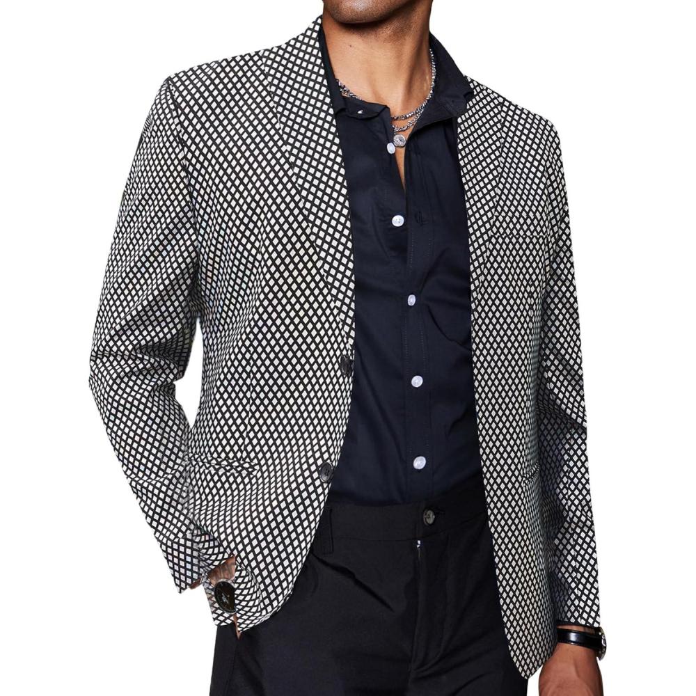 imageCOOFANDY Mens Metallic Jacket Regular Fit Blazer Casual 70s Disco Party Sport CoatSilver Plaid