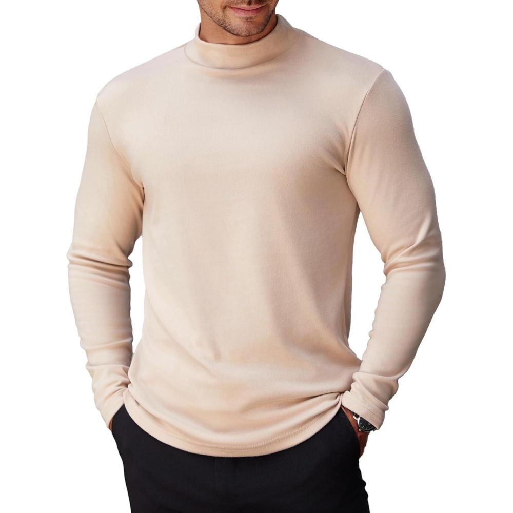 imageCOOFANDY Mens Mock Turtleneck Long Sleeve Shirts Basic Thermal Turtle Neck Undershirt Lightweight Pullover Sweaters TopKhaki