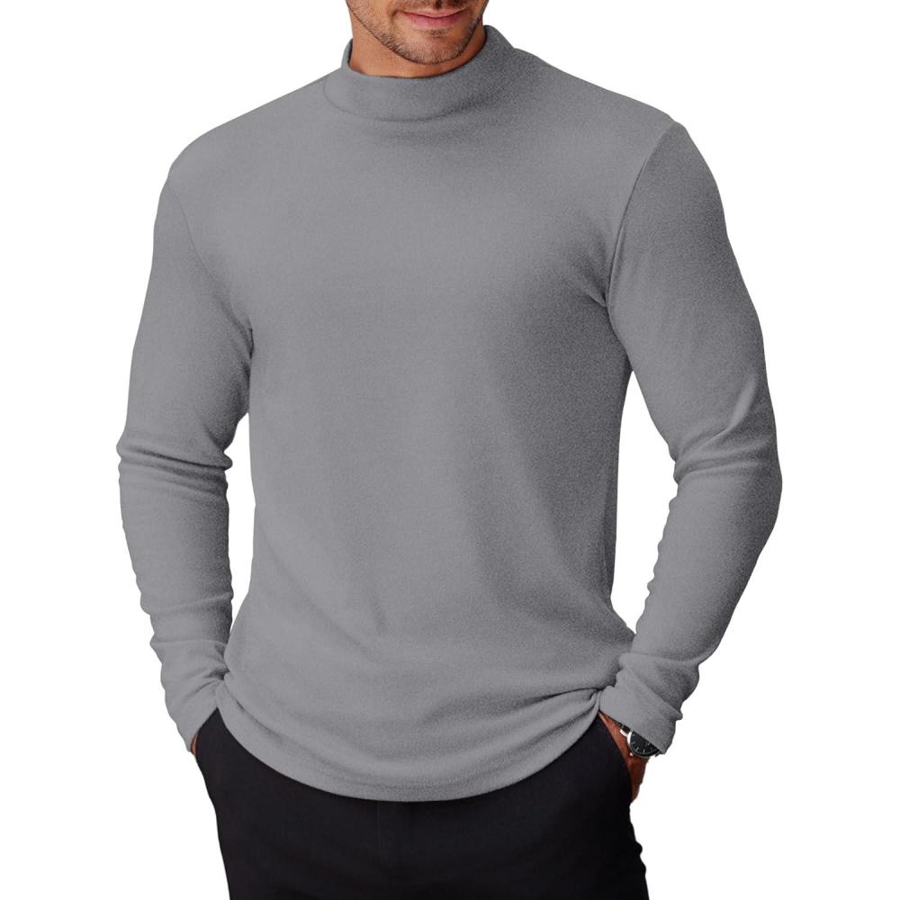 imageCOOFANDY Mens Mock Turtleneck Long Sleeve Shirts Basic Thermal Turtle Neck Undershirt Lightweight Pullover Sweaters TopLight Grey