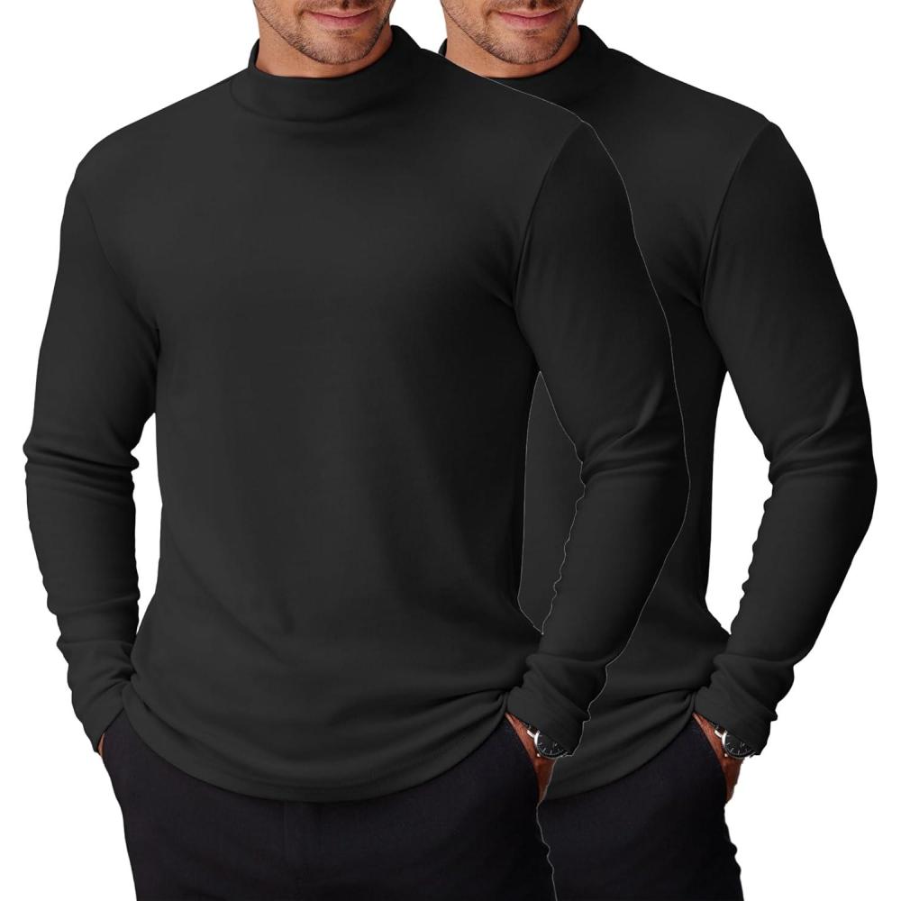 imageCOOFANDY Mens Mock Turtleneck Long Sleeve Shirts Basic Thermal Turtle Neck Undershirt Lightweight Pullover Sweaters TopTwo Pack  BlackBlack