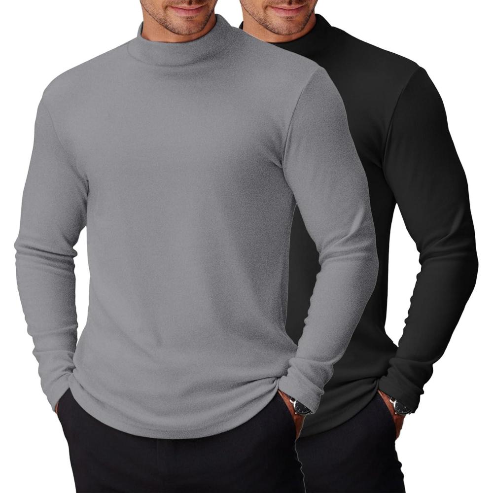 imageCOOFANDY Mens Mock Turtleneck Long Sleeve Shirts Basic Thermal Turtle Neck Undershirt Lightweight Pullover Sweaters TopTwo Pack  BlackLight Grey
