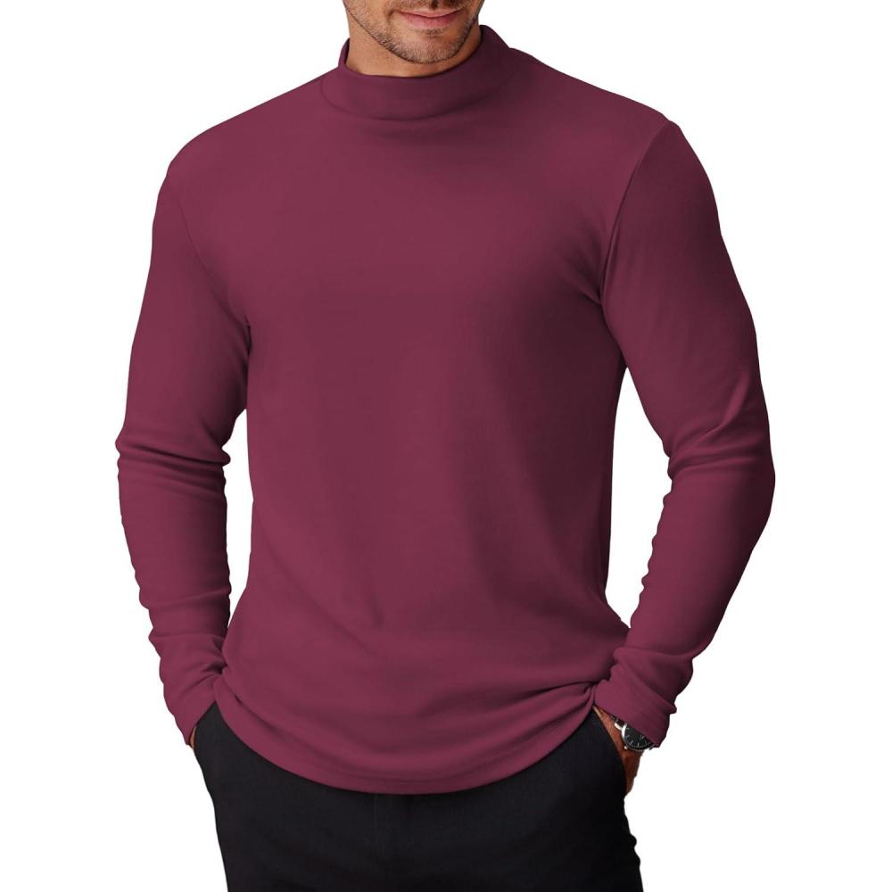 imageCOOFANDY Mens Mock Turtleneck Long Sleeve Shirts Basic Thermal Turtle Neck Undershirt Lightweight Pullover Sweaters TopWine Red