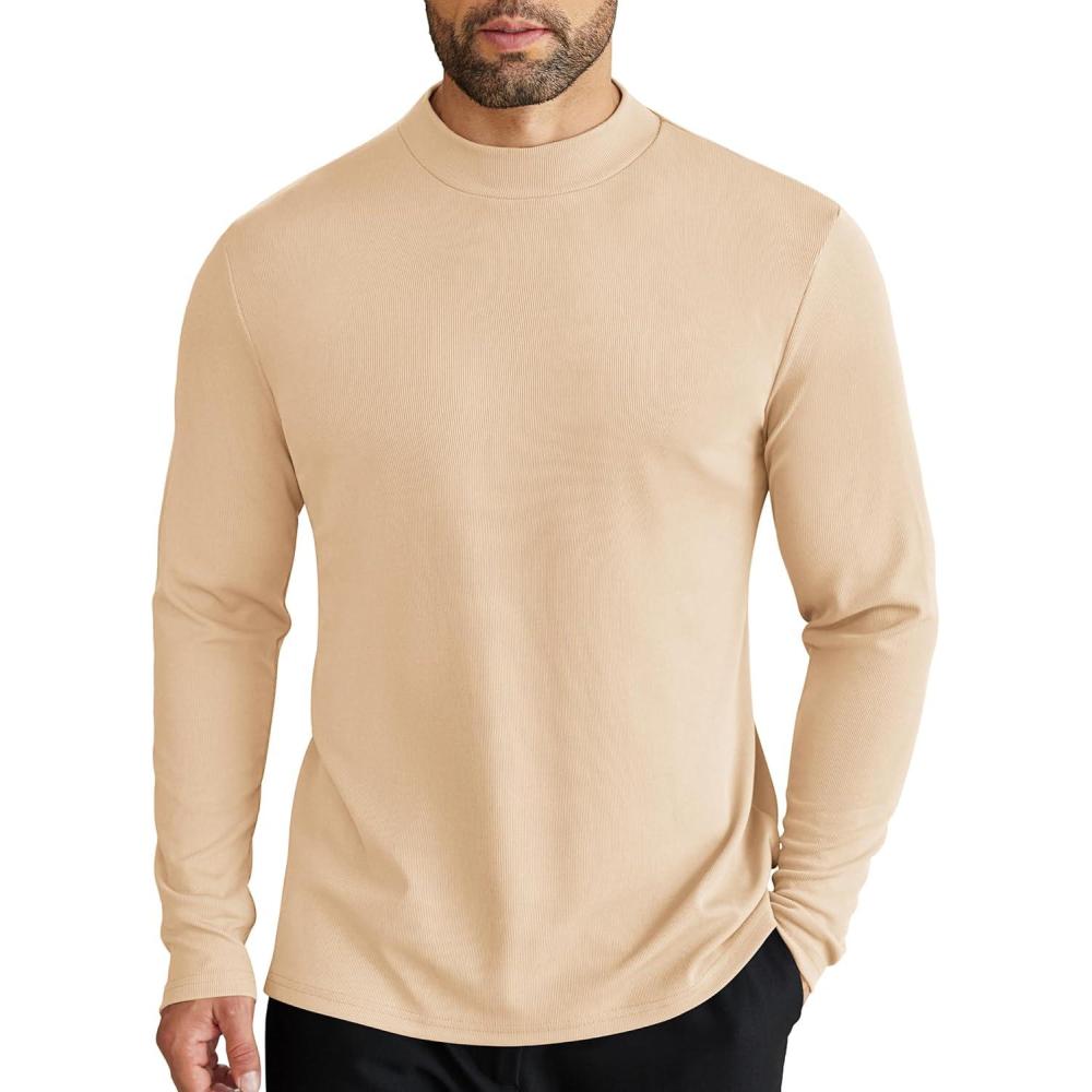 imageCOOFANDY Mens Mock Turtleneck Long Sleeve Shirts Slim Fit Basic TShirt Lightweight Ribbed Pullover Sweater1 Packbeige