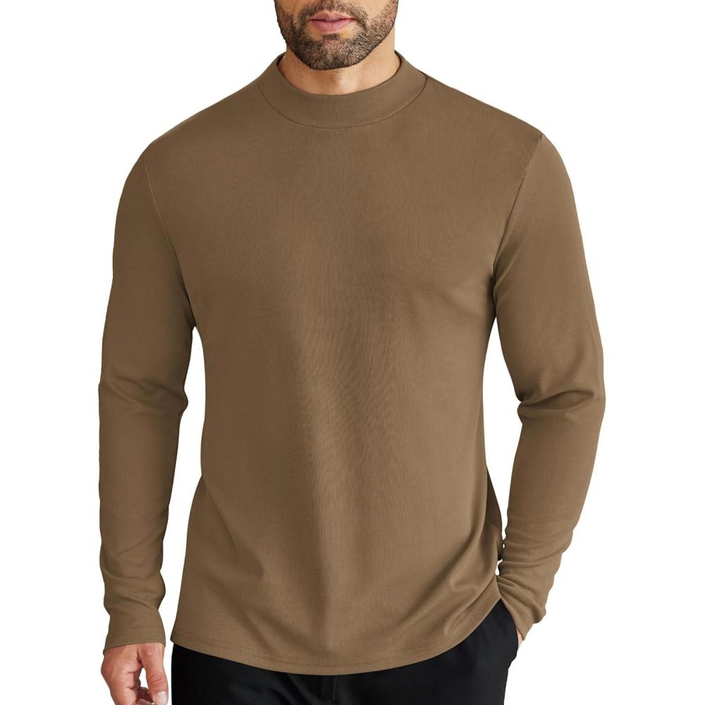 imageCOOFANDY Mens Mock Turtleneck Long Sleeve Shirts Slim Fit Basic TShirt Lightweight Ribbed Pullover Sweater1 Packbrown