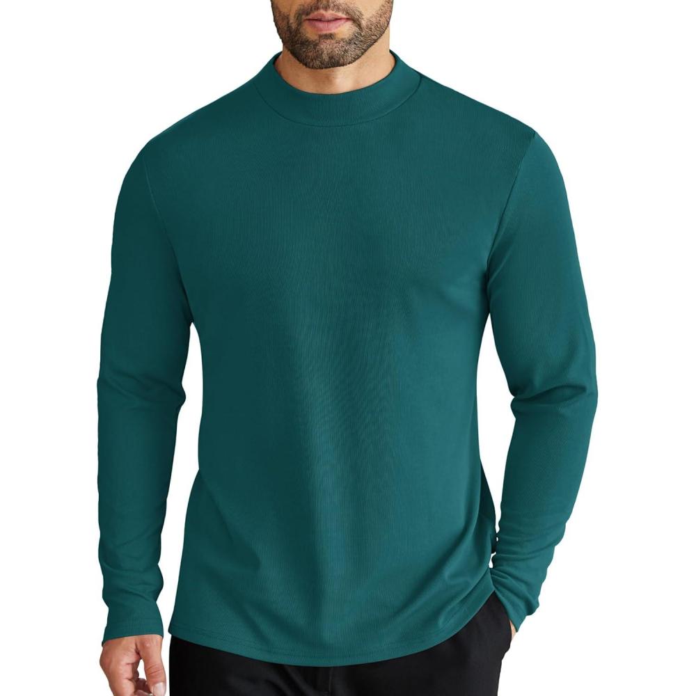 imageCOOFANDY Mens Mock Turtleneck Long Sleeve Shirts Slim Fit Basic TShirt Lightweight Ribbed Pullover Sweater1 Packgreen