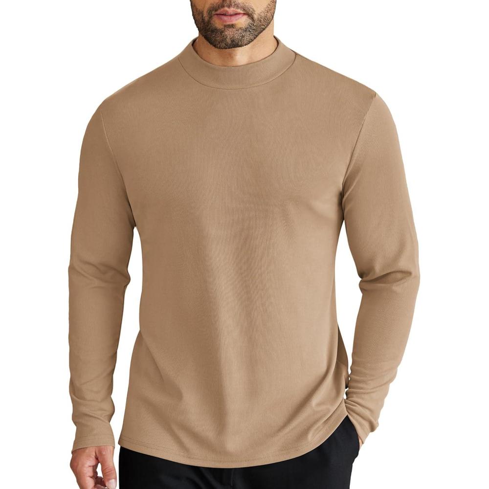 imageCOOFANDY Mens Mock Turtleneck Long Sleeve Shirts Slim Fit Basic TShirt Lightweight Ribbed Pullover Sweater1 Packkhaki