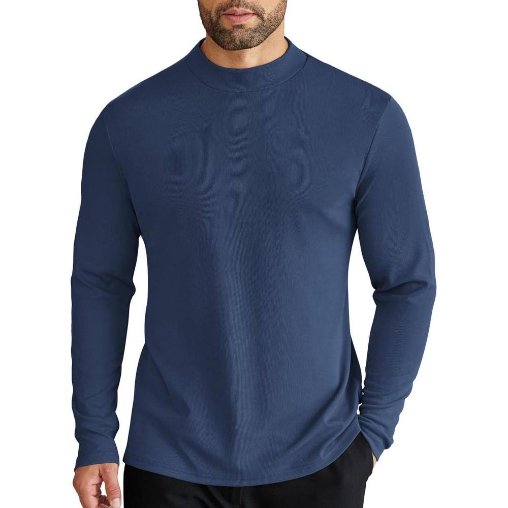 imageCOOFANDY Mens Mock Turtleneck Long Sleeve Shirts Slim Fit Basic TShirt Lightweight Ribbed Pullover Sweater1 Packnavy Blue