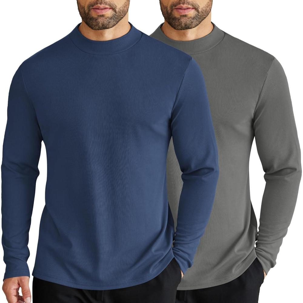 imageCOOFANDY Mens Mock Turtleneck Long Sleeve Shirts Slim Fit Basic TShirt Lightweight Ribbed Pullover Sweater2 Packdark Grey  Navy Blue
