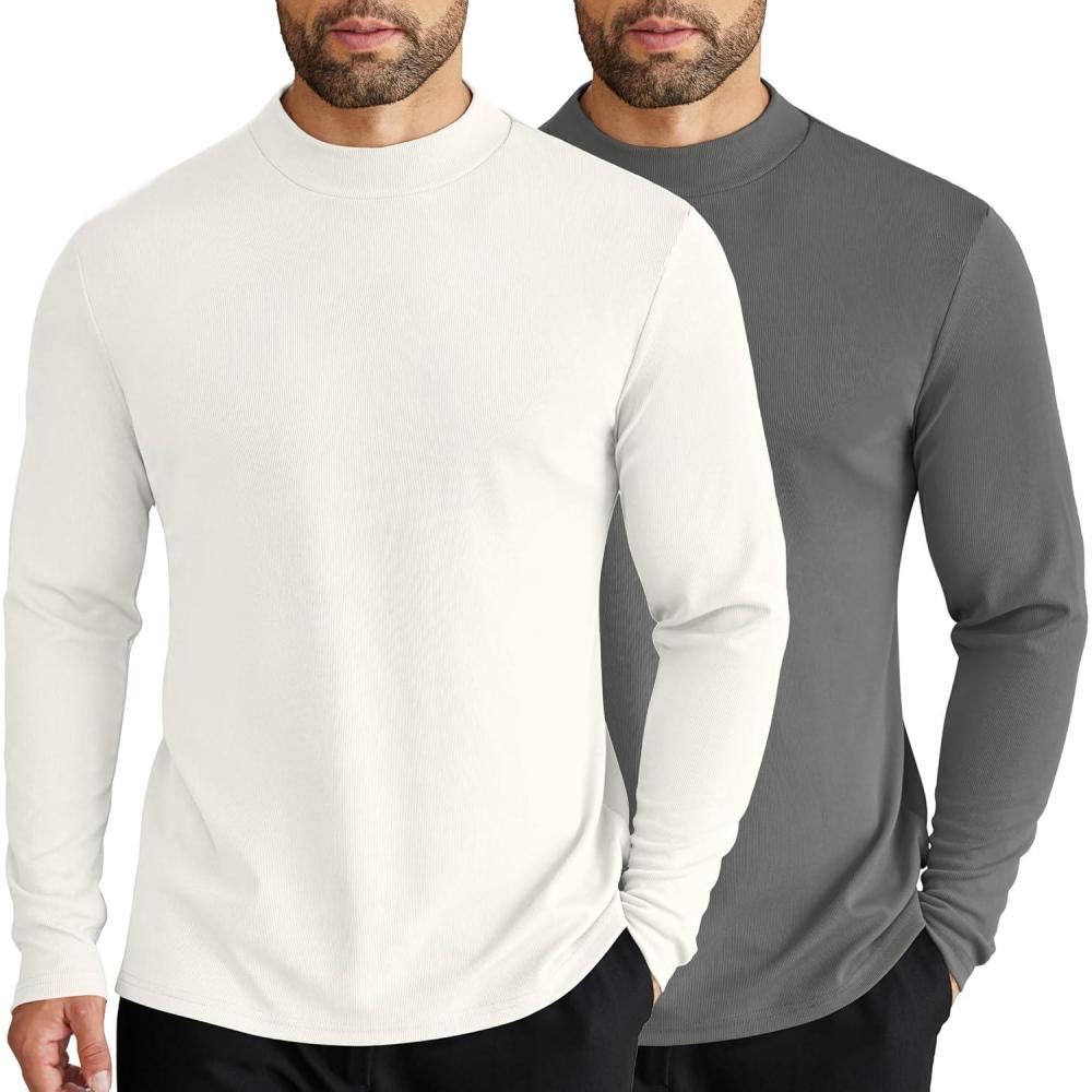 imageCOOFANDY Mens Mock Turtleneck Long Sleeve Shirts Slim Fit Basic TShirt Lightweight Ribbed Pullover Sweater2 Packwhite Dark Grey