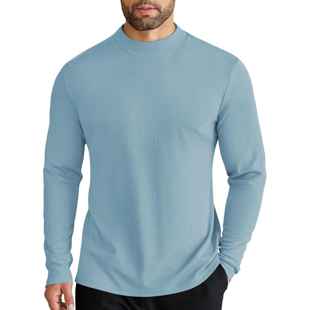 imageCOOFANDY Mens Mock Turtleneck Long Sleeve Shirts Slim Fit Basic TShirt Lightweight Ribbed Pullover SweaterGreenish Blue