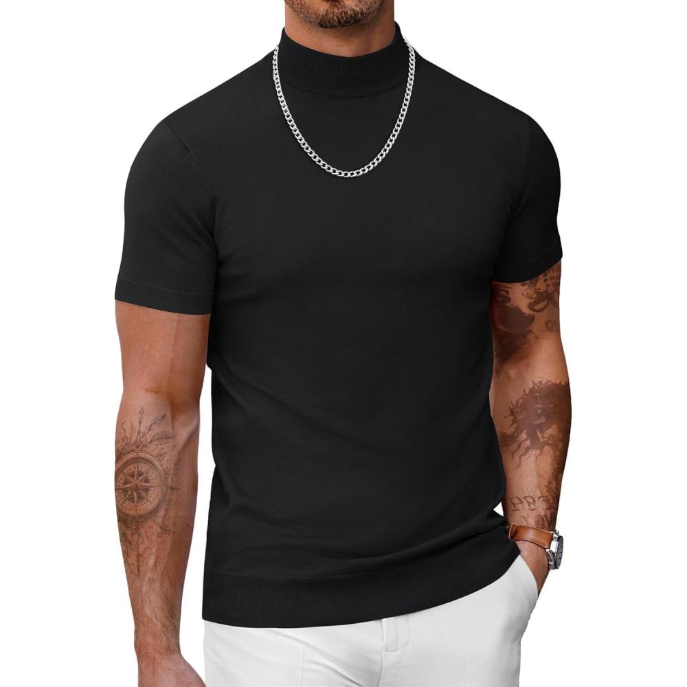 imageCOOFANDY Mens Mock Turtleneck Sweater Short Sleeve Casual Dress Sweater Slim Fit Pullover Basic Knit TeeAll Black
