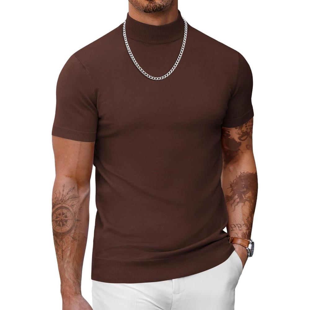 imageCOOFANDY Mens Mock Turtleneck Sweater Short Sleeve Casual Dress Sweater Slim Fit Pullover Basic Knit TeeBrown