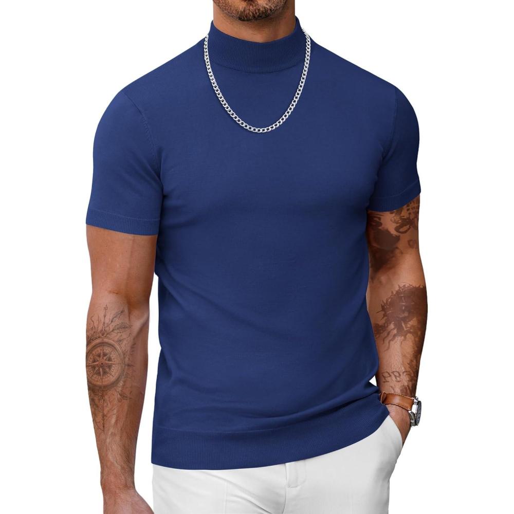 imageCOOFANDY Mens Mock Turtleneck Sweater Short Sleeve Casual Dress Sweater Slim Fit Pullover Basic Knit TeeDark Blue